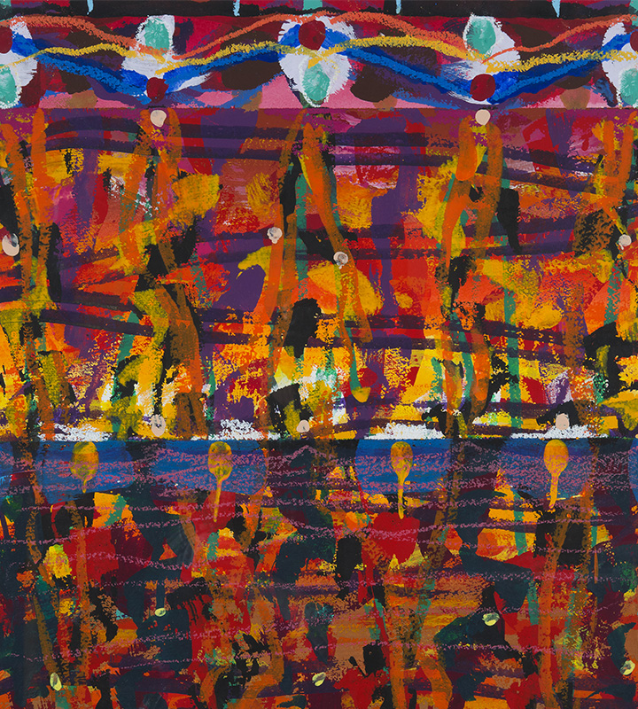 An abstract painting in red, purple, and blue hues